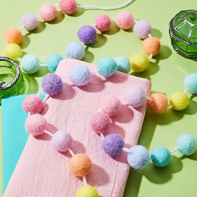WILLBOND 3 Pieces Wool Felt Rainbow Ball Garland Colorful Pom Pom 6.5 ft Long 24 Ball Garland for Easter Mardi Gras Classroom Halloween Thanksgiving Xmas (Rainbow Colors)
