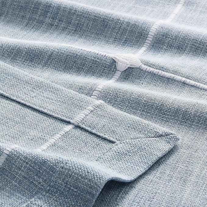 ZeeMart Grid Embroidered Hemmed Tablecloths, Blue 60x84 Inch, Farmhouse Style Heavy Weight Cotton Linen Dusty Blue Tablecloths, Boho Plaid Water Resistant Rectangle Table Cloth