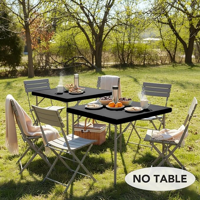 LUSHVIDA 2 Packs Flannel Backing 24x24 inch Vinyl Card Tablecloth with - Waterproof Plastic Cover for Picnic Nightstand End Bedside Table, Small Square Folding Table with Elastic Corners, Black