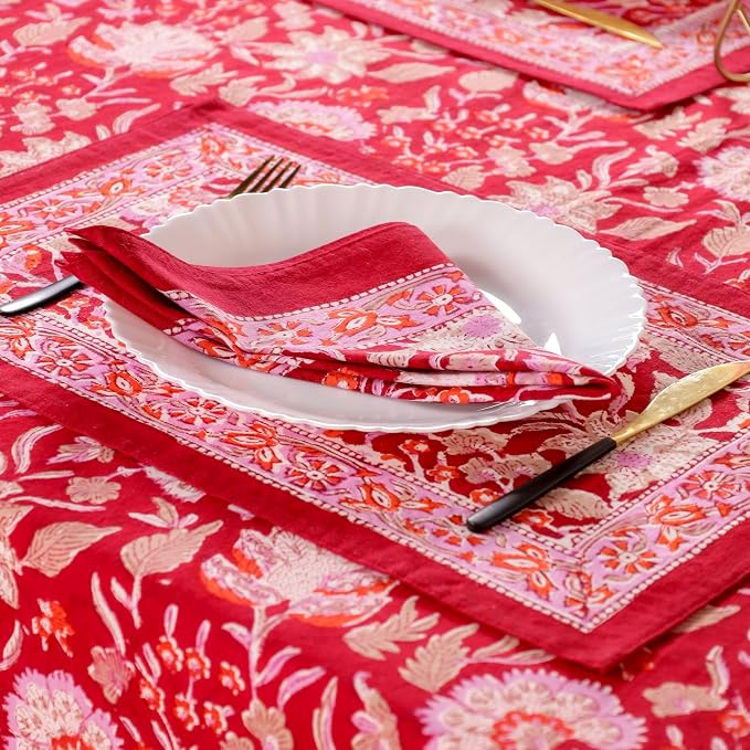 Hand Block Printed Tablecloth – Colorful Floral Print | 100% Cotton | Indian Artisan Handmade Art | Dining Room, Kitchen, Outdoor Décor, (Cherry Red, 4 Seater 60 Inches Round)