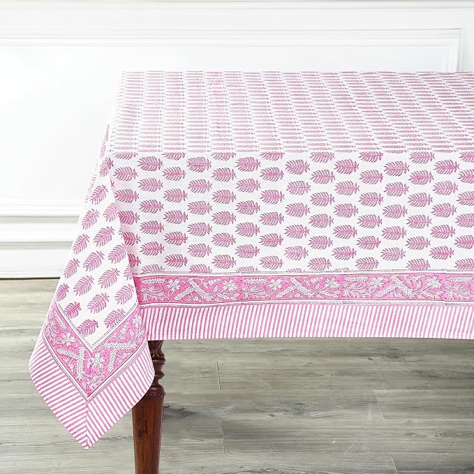 Ridhi Taffy Pink Hand Block Print Cotton Rectangle Tablecloth 160" x 72" inches Reusable Table Cover Decorative Everyday Use for Dining Room, Farmhouse, Home Gift for Spring, Mother's Day