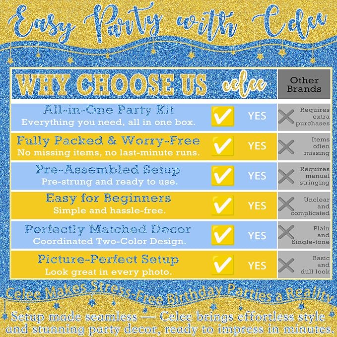 Blue and Gold Birthday Party Decorations Set - Happy Birthday Banner Balloons Foil Curtains Hanging Swirls for Men Women Kids Birthday Party Supplies