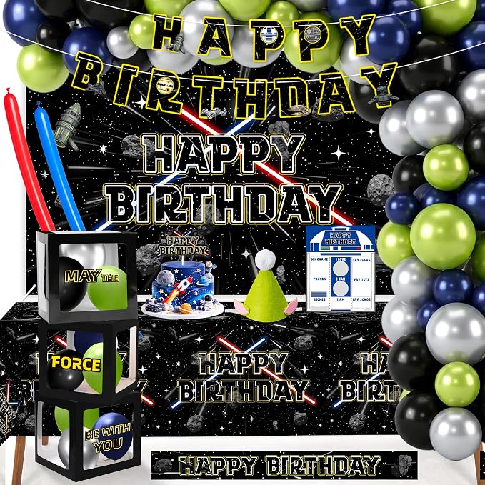 Galaxy Star Birthday Decorations Set - Space Themed Party Supplies | With Arch Balloon, Long Balloons, Backdrop, Tablecloth, Birthday Hat, Cake Topper, Banner, Sash, Poster, Balloon Boxes, Cards