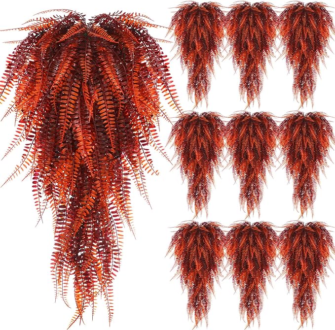 Daifunli 12 Pcs Artificial Fall Hanging Plants Fake Hanging Ferns Plastic Autumn Faux Plants for Wall Room Garden Garland Indoor Outdoor Decor No Basket (Fall Boston =)