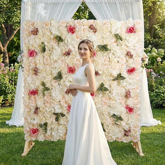 3D Flower Wall Backdrop - 6Pcs 16×24 Inch Artificial Rose Panels Champagne Silk Floral Decor for Home Party Wedding Anniversary Birthday Photographic Studio Background & Decorative Fences