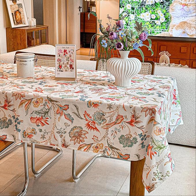 Rectangle Tablecloth, Linen Textured Wrinkle Free Waterproof Table Cloth, Flowers and Birds Fabric Table Cover for Outdoor, Farmhouse, Dining, Kitchen - Spring/Summer, 60 x 120 Inch