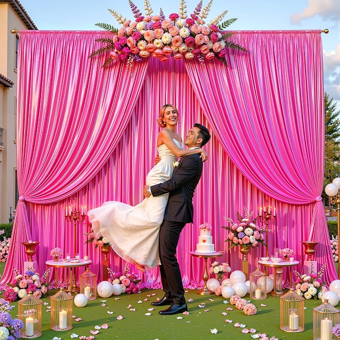 10x10 ft Hot Pink Glitter Backdrop Curtain for Parties, Wrinkle Free Glitter Photo Backdrop Drapes 2 Panels 5x10FT Shimmer Back Drop Cloth for Wedding Birthday Valentines Photography Background Decor