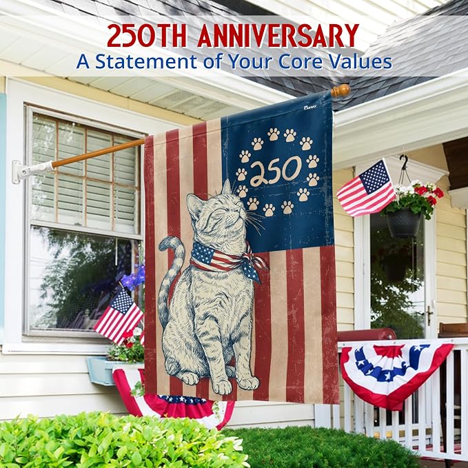 FLAGWIX 250 Years Anniversary Cat Flag - Polyester Double-sided Yard Flags For Outside House Flag (29.5" x 39.5") - 4th of July Decorations for Home Yard Garden Decor Banner, Gifts For Men Women