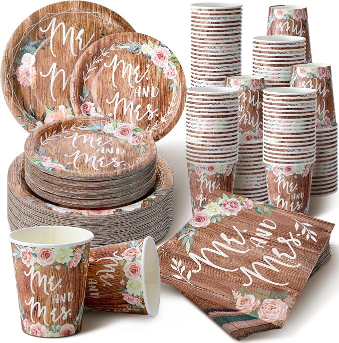 Zhehao 250 Pcs Rustic Bridal Shower Paper Plates Napkins Set Mr and Mrs Party Tableware 50 Pcs 9'' Dinner Plates and 7'' Dessert Plate 9 Oz Cup 100 Napkin Serves 50 for Engagement Wedding Decoration