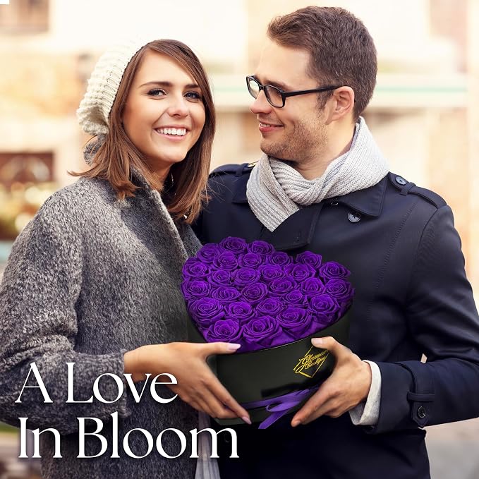 GLAMOUR BOUTIQUE 27 Flower Forever Heart Shape Box, Mothers Day Gift For Mom, Eternal Preserved Roses Gift for Her, Flowers bouquet, For Birthday, Anniversary, Girlfriend - Purple (Color-Treated)