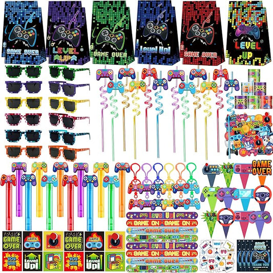 PLOUGVI 320PCS Video Game Party Favors for Kids-Including Goodie Bags, Glasses, Straws, Bubble Wands, Stickers, Cake Toppers, Tattoos & More-Perfect for Theme Party Decorations & Piñata Fillers