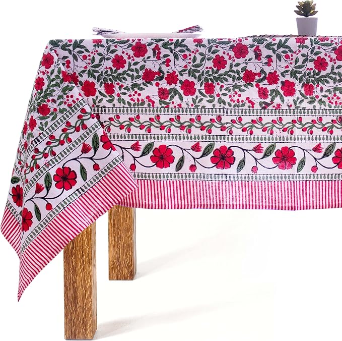 Block Print Table Cloth- 54x108 Inch Rectangle 100% Cotton Handmade Pre-Shrink, Washable for Spring, Kitchen & Dining Perfect for Patio, Indoor & Outdoor, Farmhouse