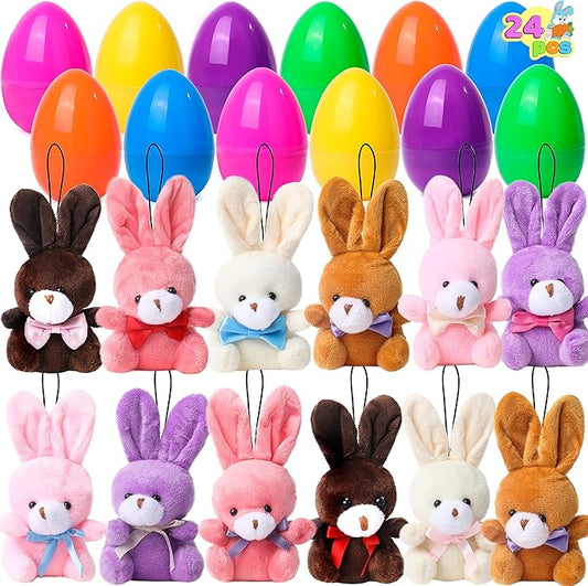 JOYIN 24 Pcs Filled Easter Eggs Plush Toy, Bright Colorful Eggs Prefilled with Variety Plush Bunnies for Kids Toddlers, Easter Basket Stuffers and Party Favors
