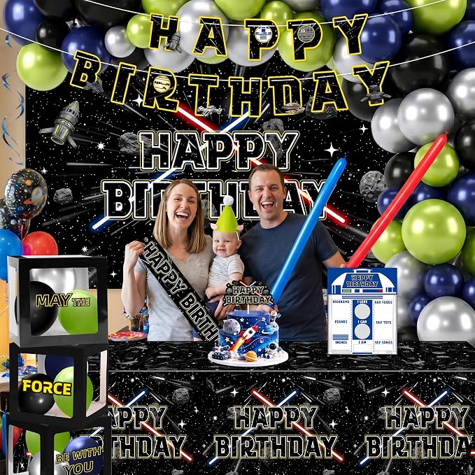 Galaxy Star Birthday Decorations Set - Space Themed Party Supplies | With Arch Balloon, Long Balloons, Backdrop, Tablecloth, Birthday Hat, Cake Topper, Banner, Sash, Poster, Balloon Boxes, Cards
