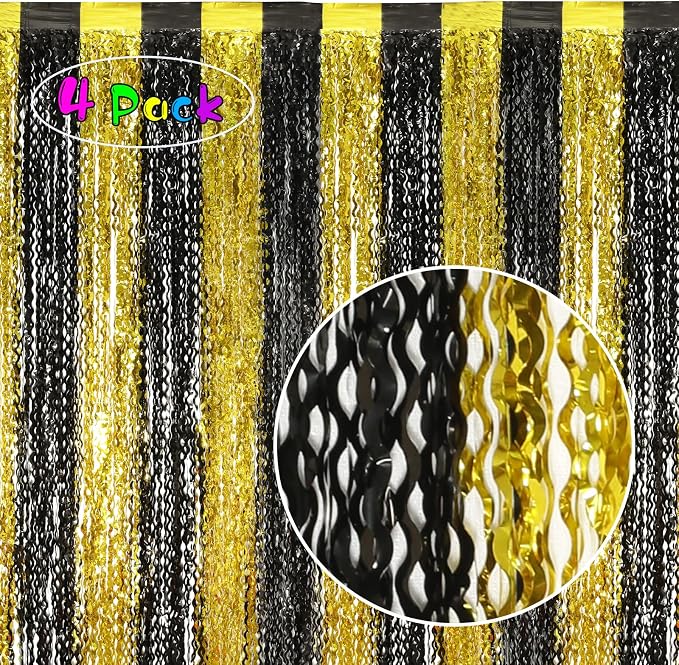 KEEUH 4 Pack Black and Gold Wavy Foil Fringe Curtains Pirthday Decorations,3.3 ft x 6.6 ft Metallic Foil Curtains Streamers for Party Photo Booth Props Background Decoration