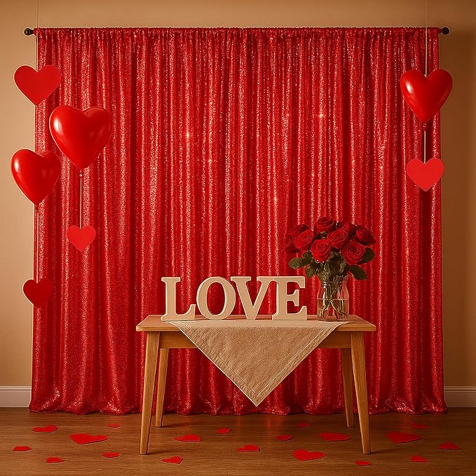 PartyDelight Red Sequin Backdrop Curtains 2x8ft 4 Panels | 3mm stitched sequin curtain with 4 inch rod pocket for 2x8ft 4 panel fuller wall coverage pleated backdrop and 8ft stand