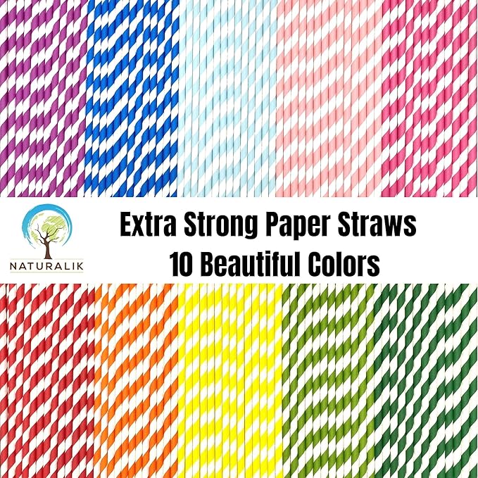 Naturalik 300-Pack Multi-Color Extra Durable Paper Straws - Biodegradable Premium Paper Straws for Juices, Restaurants and Party Decorations, 7.7" (Multicolor, 300)