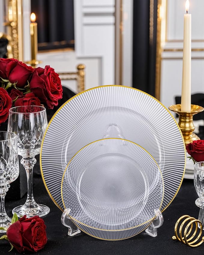 Hioasis 60pcs Clear and Gold Plastic Plates - Clear Disposable Dinnerware Set, 30pcs Dinner 10in & 30pcs Dessert 7in Plates with Striped Designs for Party & Wedding
