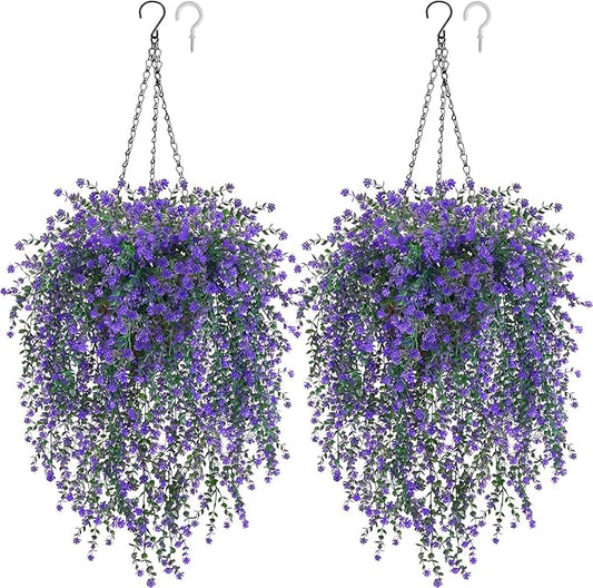 2 Set Artificial Flower Hanging Baskets for Outdoors, 20Pcs Fake Hanging Plants, Outdoor Faux Flowers UV Resistant for Spring Summer Porch Patio Garden Home Decoration (Purple)