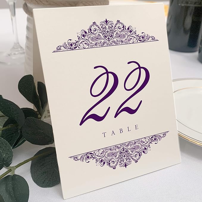 Paisley Wedding Table Numbers (Select Color/Quantity), Champagne, Eggplant, 1-20, Double Sided, Tent or Use in a Stand, Great for Parties & Restaurants - Made in the USA