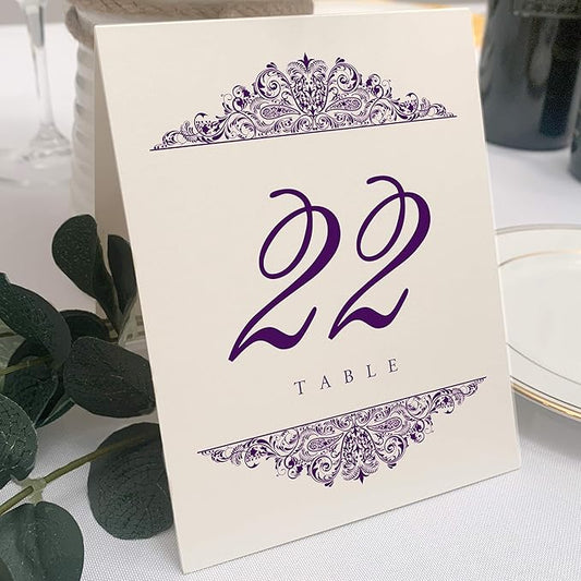 Paisley Wedding Table Numbers (Select Color/Quantity), Champagne, Eggplant, 1-60, Double Sided, Tent or Use in a Stand, Great for Parties & Restaurants - Made in the USA