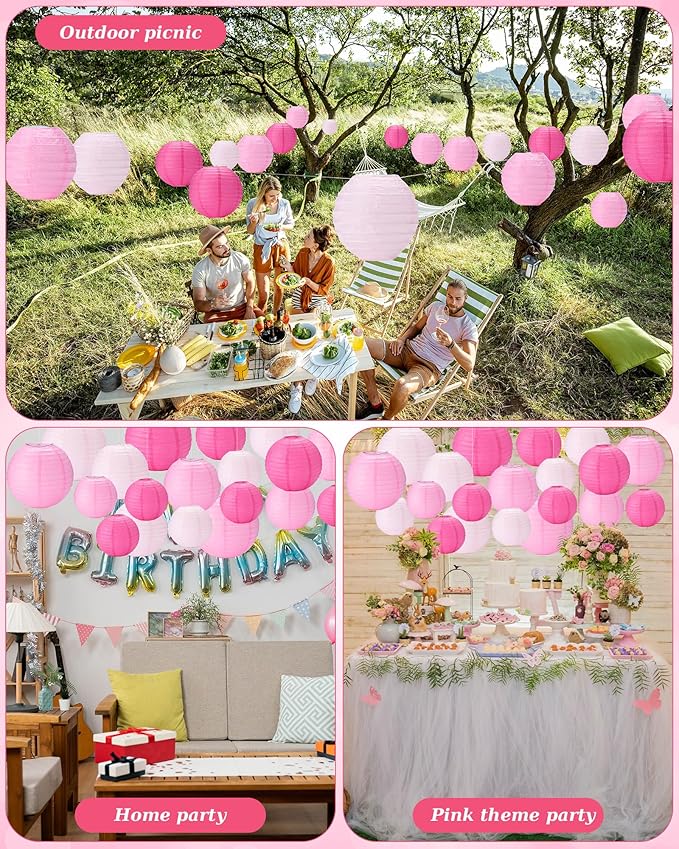 Treela 48 Pcs Paper Lanterns Party Decorations Chinese Round Paper Decor 4/6/8/10 Inch Asian Hanging Lamps Decorative for Graduate Wedding Birthday Party Bridal Parties Supplies(Pink Series)