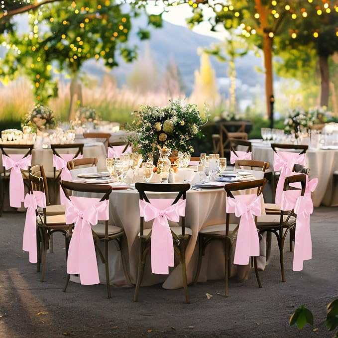 10 Pcs Pink Satin Chair Sashes Bows Universal Chair Cover for Wedding Reception Events Banquets Party, Hotel Event Decorations, 6 x 108 inch