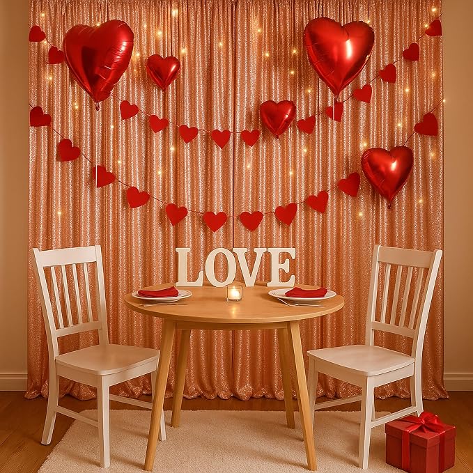 PartyDelight Rose Gold Sequin Backdrop Curtains 2x8ft 4 Panels | 3mm stitched sequin curtain with 4 inch rod pocket for 2x8ft 4 panel fuller wall coverage pleated backdrop and 8ft stand
