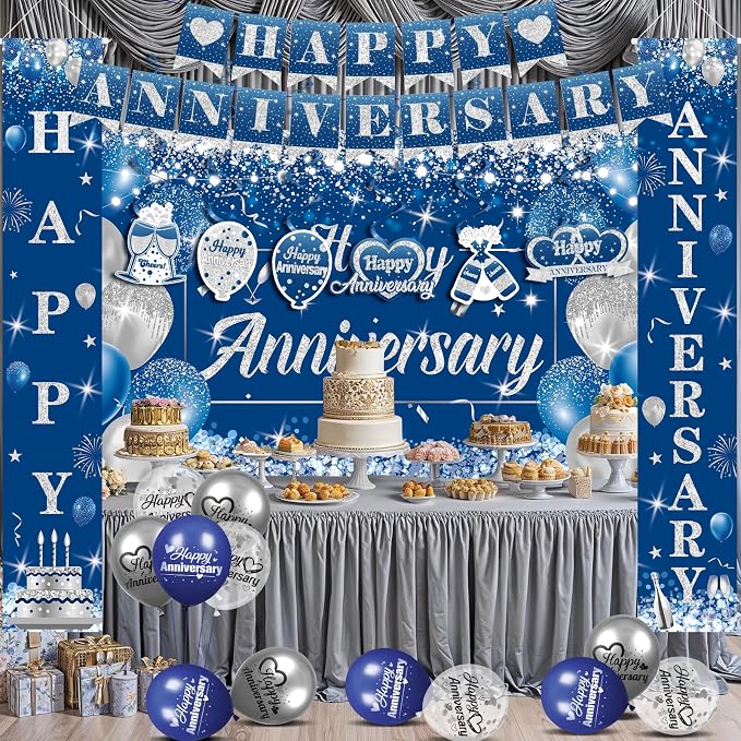 Blue Happy Anniversary Decorations for Men Women - Silver Banner Backdrop, Hanging Swirls, Porch Sign, Navy Balloons - Party Decor for Wedding Anniversary Supplies