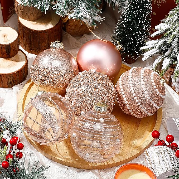 Lyrow 12 Pcs 4 inch Christmas Balls Ornaments Glitter Shatterproof Christmas Decorations Tree Balls Sparkly Holiday Ornaments Bulk for Xmas Trees(Rose Gold)