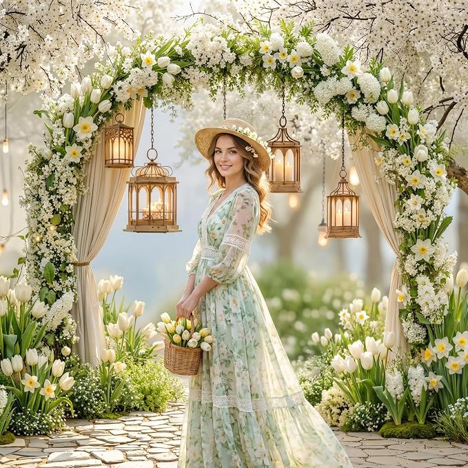 Kate Spring Flower Arch White Blossoms Lanterns Photo Backdrop, 10x6.5ft | Features Spring Flower Arch White Blossoms Lanterns Pathway; Photo background for spring portraits and seasonal photography.