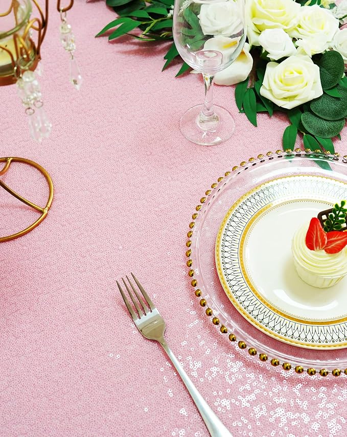 Eternal Beauty Pink Tablecloth, 120 Inch Round Sequin Tablecloth for Mother's Day Party Cake Dessert Table Exhibition Events