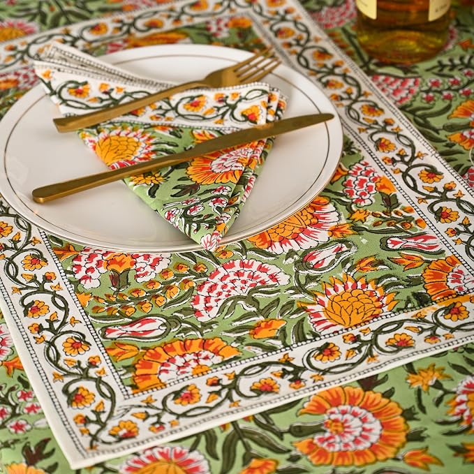 Hand Block Printed Tablecloth, Colorful Floral Print, Indian Artisan Handmade Art, Dining Room, Kitchen, Outdoor Décor, Party Decor, (Daisy Sunshine, 60 Inches Round, 4 Napkins)