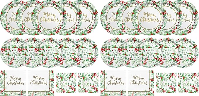 Christmas Party Supplies, Serve 50, Christmas Seasonal Holly Tableware Includes: Paper Dinner Plates, Dessert Plates, Luncheon Napkins and Beverage napkins, Great for Party Decorations (Pack of 2)