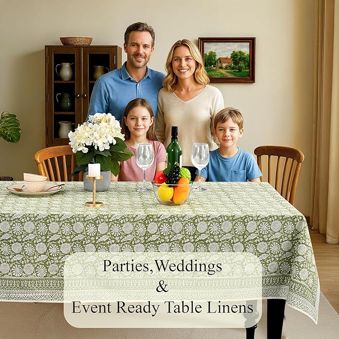 CPC Olive Bloom Tablecloth 100% Cotton 72x140 Inch Indian Block Print Rectangle Table Cover, Table Cloth for Gifting in Weddings, Halloween, Fall, Christmas, Thanksgiving