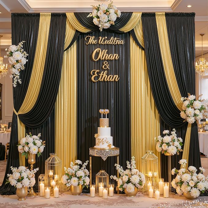 20ft x 10ft Gold Black Sequin Backdrop Curtain for Parties, Wrinkle Free Glitter Photo Backdrop Drapes 4 Panels 5x10ft Back Drop Cloth for Wedding Photography Background