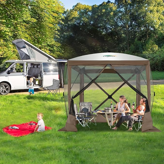 COBIZI 6x6 FT Pop up Gazebo, Popup Canopy Tent, Screened in Gazebos with sidewalls, Waterproof Portable Outdoor Small Screen Tents Sun Shelter,carpas para Patio for Camping, Garden and Backyard,Brown