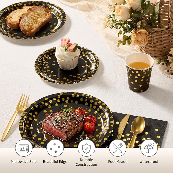 Goodlluck 175PCS Black Gold Foil Polka Dot Disposable Party Tableware Set, 25 Guests | 9" & 7" Golden Dot Disposable Paper Plates, 9oz Cups, Napkins & Gold Cutlery for Birthday, Glam Events