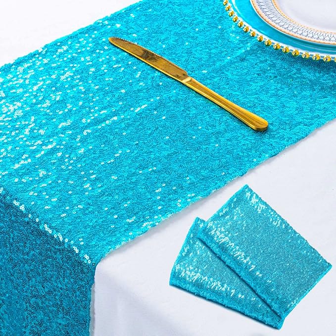 ShinyBeauty Turquoise Table Runners - Pack of 2 Sequin 12inx108in Aqua Blue Bridal Shower Decorations Wedding Reception Round Table Runners for Dining Room