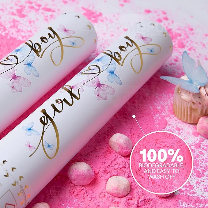 PrimePure Gender Reveal Confetti Cannon - Biodegradable Powder Cannons Smoke Bomb - Pink, 2 Pack - Party Poppers Baby Powder Pink Confetti Poppers for Baby Girl Gender Reveal Party