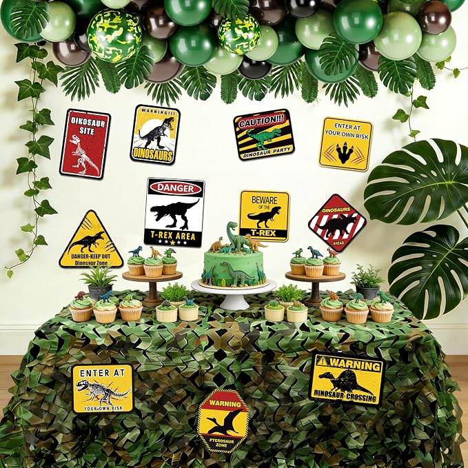 BORAMDO Jurassic Park Birthday Decorations, Dinosaur Centerpieces Party Supplies, Themed Boxes, Camo Netting, Paper Signs, Artificial Leaves, Yellow Caution Tapes
