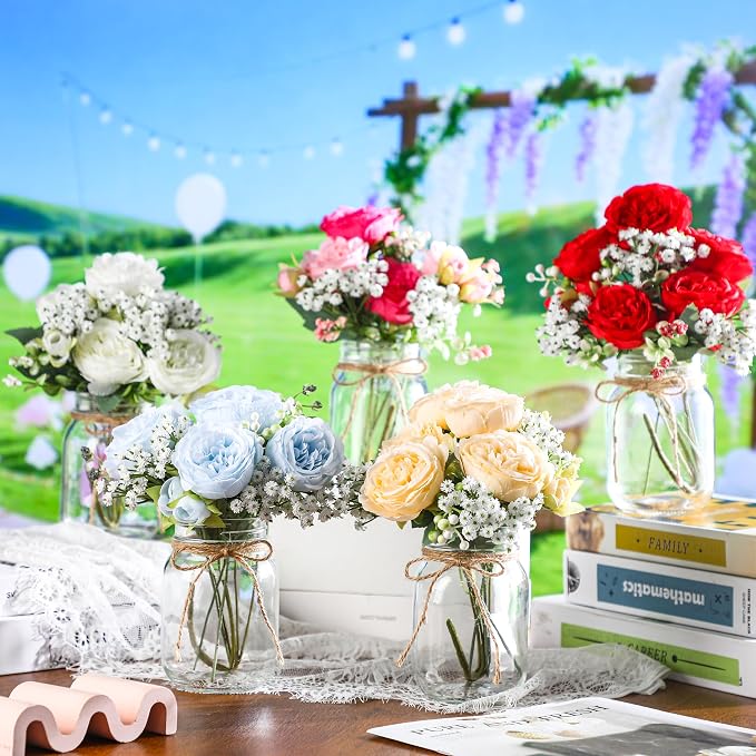 Zeyune 6 Sets Mason Jar Centerpiece Table Decorations, Artificial Peony Baby's Breath Flower Bouquets, Faux Flowers with Vase, Rustic Decor Gifts for Home, Wedding, Holiday (Champagne)