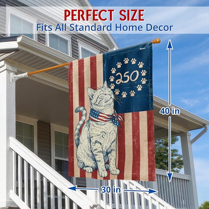 FLAGWIX 250 Years Anniversary Cat Flag - Polyester Double-sided Yard Flags For Outside House Flag (29.5" x 39.5") - 4th of July Decorations for Home Yard Garden Decor Banner, Gifts For Men Women
