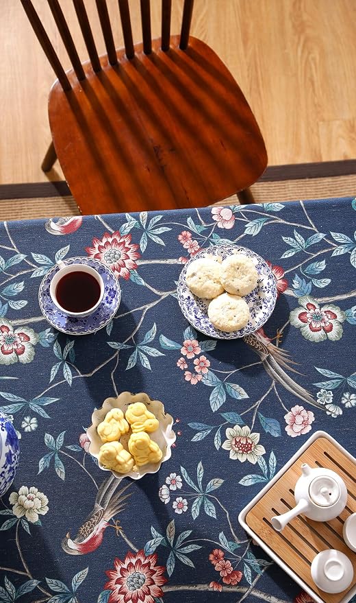 patdrea Elegant Vintage Linen Tablecloth,Rectangular,102"x63"-Lanruoting | Vintage Large Table Cloth for Rectangle Table,Blue Oriental Bird Floral Print,Dining Tea Party Thanksgiving Table Decor