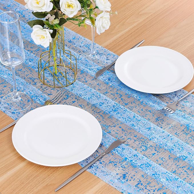 BINBE 1PCS Blue Table Runner 10Ft Sheer Chiffon Fabric Cheesecloth Sequin Glitter Table Runner for Wedding Birthday Party Decor