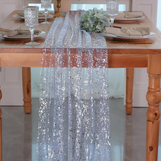 Snowkingdom Light Blue Silver Gauze Table Runner 10ft 120 inch Glitter Sheer Cheesecloth Tulle Home Dining Table Decoration for Bridal Baby Shower Summer Wedding Birthday Holidays Party