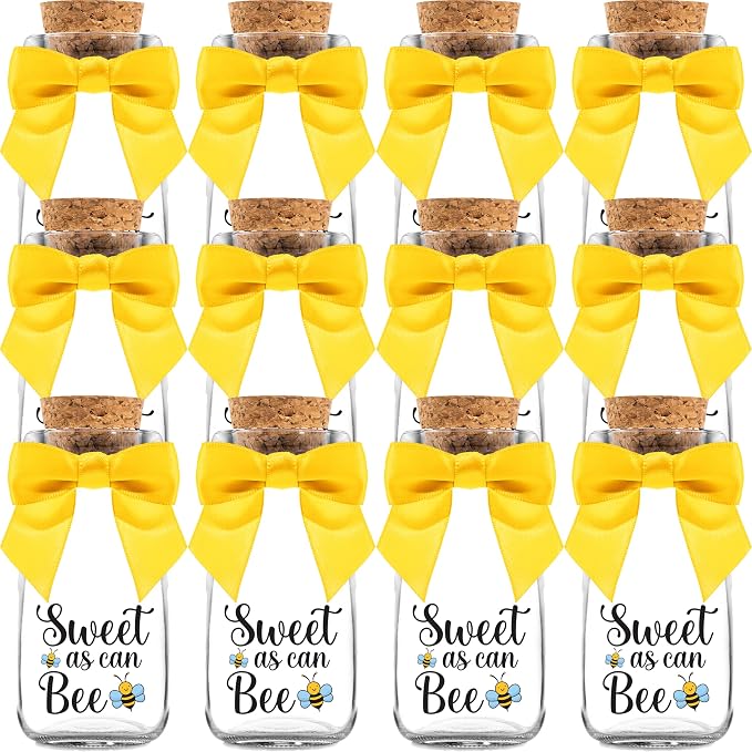 Ethisa Vintage 12 Pack Bee Party Favor Glass Bottles with Ribbons and Stickers - Classy Baby Shower and Birthday Souvenir for Guests and Table Centerpiece Decoration - Sweet as Can Bee Honey Candy Jar