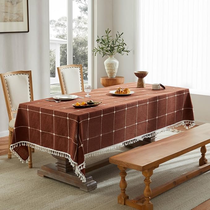 ZeeMart Boho Grid Table Cloth with Tassels (Terracota, 60" x 104"), Heavy Weight Linen Checked Embroidered Farmhouse Tablecloth, Water Resistant Rectangle Rust Tablecloths