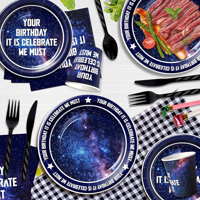 Space Theme Party Supplies 168PCS- Star Galaxy Birthday Decorations Set Includes 9” & 7” Dinnerware Paper Dessert Dinner Plates, Napkins, Cups & Cutlery, Serves 24
