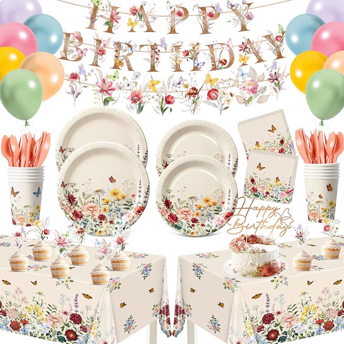 BORAMDO 206 PCS Wildflower Birthday Party Decoration,Spring Floral Baby Shower Decor with Plates Napkins Cups Cutlery Tablecloths Cake Toppers Banner Balloons for Flower Garden Party Supplies(Vintage)